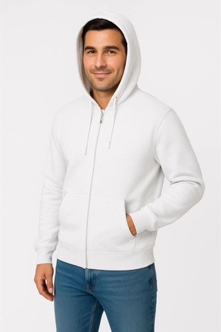 Butik İstanbul Erkek Üç İplik Kapüşonlu Tam Fermuarlı Kanguru Çepli Sweatshirt Hoodie - Beyaz