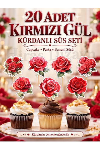 Hiras Dizayn Kırmızı Gül Kürdanlı Süs Seti 20 Adet Cupcake Pasta Sunum