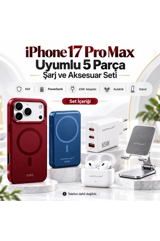 İphone 17 Pro Max Uyumlu 5 Parça Şarj Ve Aksesuar Seti - Kılıf, Powerbank, Adaptör, Kulaklık Ve Stand 0