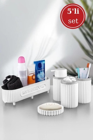 Flora 5 Parça Banyo Seti Çok Amaçlı Sepet, Sıvı Sabunluk, Katı Sabunluk, Diş Fırçalık, Pamukluk Beyaz