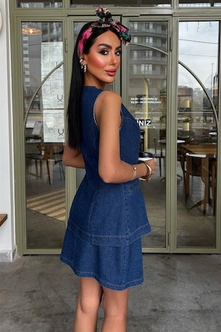 Kolsuz Yelekli Mini Etekli Denim Takım 10164 Deni M