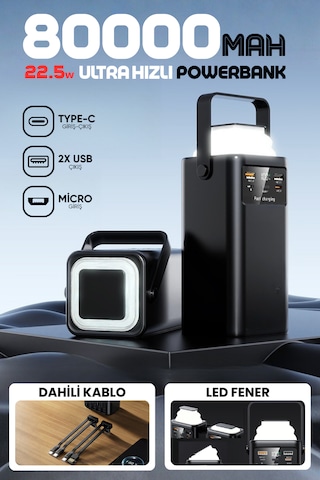 80.000mah Forefo Kablolu Led Fenerli Taşınabilir 22.5w Hızlı Şarj Destekli Güç Bankası Powerbank Siyah 80.000mah Forefo Kablolu Led Fenerli Taşınabilir 22.5w Hızlı Şarj Destekli Güç Bankası Powerbank Siyah