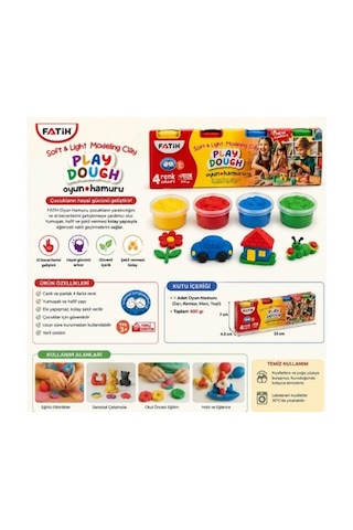 Fatih Play Dough 4 Renk Oyun Hamuru 400 Gr Yumuşak Ve Hafif Modelleme Hamuru 3+ Yaş Çok Renkli