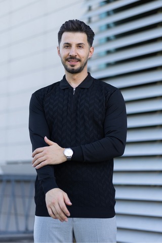 Hk Premium Erkek Triko Kazak Zikzak Desenli Polo Yaka Fermuarlı Slim Fit Siyah