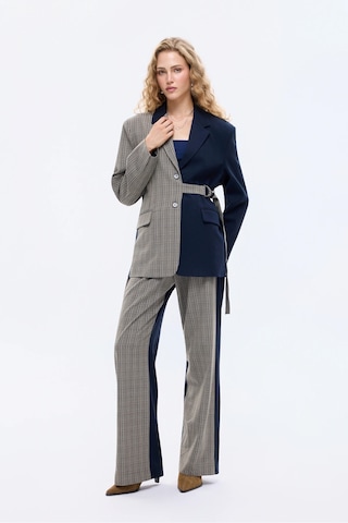 Ekose Garnili Kuşak Detaylı Oversize Blazer Ceket Lacivert Lacivert