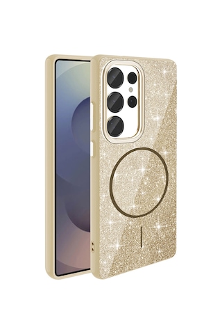Samsung Uyumlu GalaxyS25 Ultra Kılıf M-safe Şarj Özellikli Parlayan Simli Okso Kılıf Gold