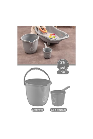 2 Li Bebek Banyo Su Kovası Ve Maşrapası Seti, Saplı Oluklu Kova 13lt Ve Maşrapa 1,5lt Set Gri Gri