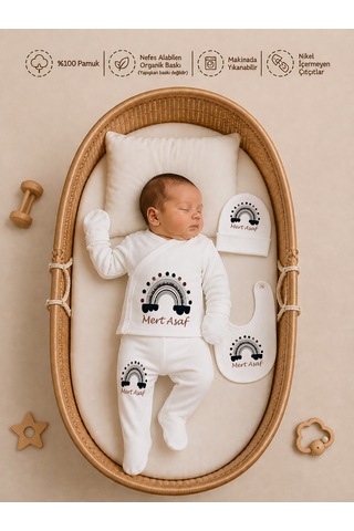 Pia Baby Erkek Bebek Zıbın Seti 5'li İsimli Kişiye Özel %100 Pamuk Organik Baskılı 1086zyx Krem
