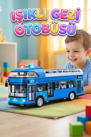 Sesli Işıklı Sürtmeli Büyük Boy Eğitici Oyuncak Araba Gezi Otobüsü Mavi