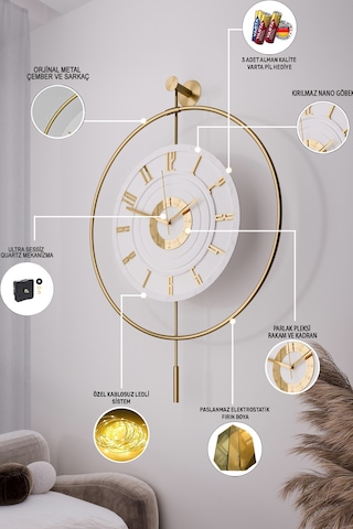 Metaquartz Aksesuar 7-24h - Büyük Boy -timelless Kristal Pilli Quartz , Metal Duvar Saati Gold