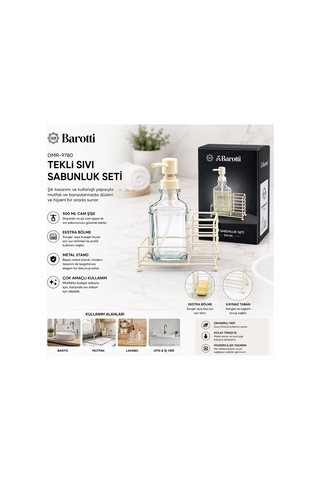 Barotti Dmr-9780 Sıvı Sabunluk Seti 500ml Cam Şişe Beyaz Pompa Beyaz Metal Stand Diğer