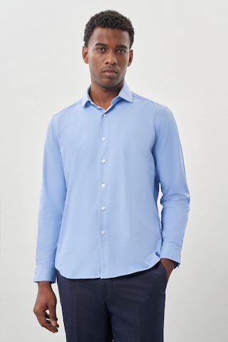 İmza Mavi Uzun Kol Düz Bez Ayağı Yarım İtalyan Yaka Cepsiz Pamuklu Classic Slim Fit Gömlek 1004245268 Mavi
