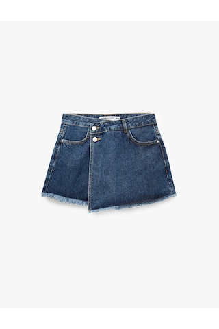 Koton Asimetrik Kesim Düğmeli Rahat Kalıp Pamuklu Denim Mini Şort Etek Orta İndigo 6sal40001md