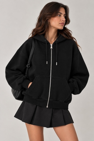 Vadon 1048 Kadın Fermuarlı Kapüşonlu Kanguru Cepli 3 İplik Pamuklu Sweatshirt Siyah