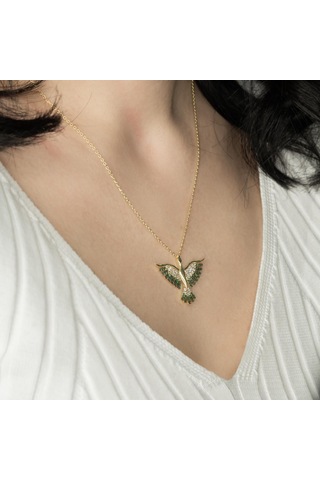 Yeşil Taşlı Anka Kuşu Altın Kaplama Kolyee Gm89