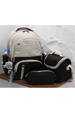 İlk Okul Çantası 3'lü Seti Unisex Çocuk İlkokul Çantası Gry-8010 Bej-siyah Bej