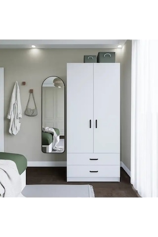 Yaman 80 Cm Mat Beyaz 2 Kapaklı 2 Çekmeceli Elbise Dolabı - Gardırop Beyaz