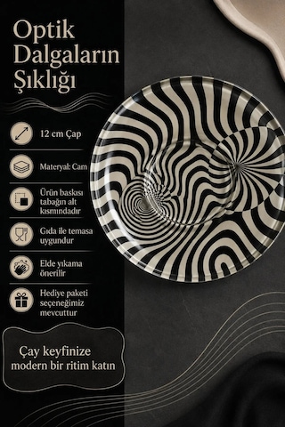 6 Lı Cam Çay Tabağı Siyah Krem Optik Dalga Desenli 12 Cm 6 Adet Çay Tabak