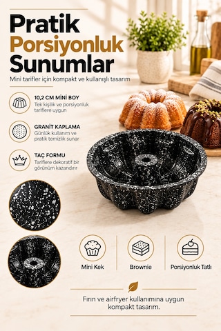 Mini Taç Kek Kalıbı 10 Cm, Granit Kaplamalı Porsiyonluk Tekli Kek Kalıbı Siyah