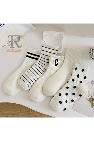 Trampler Sade Çizgili Benekli Unisex Çorap Soket 5 Çift Beyaz Siyah Beyaz
