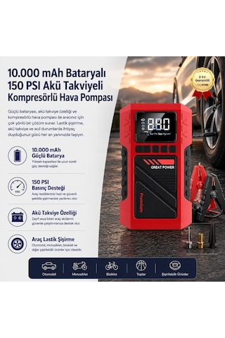 10.000 Mah Bataryalı 150 Psı Akü Takviyeli Kompresörlü Hava Pompası-1671