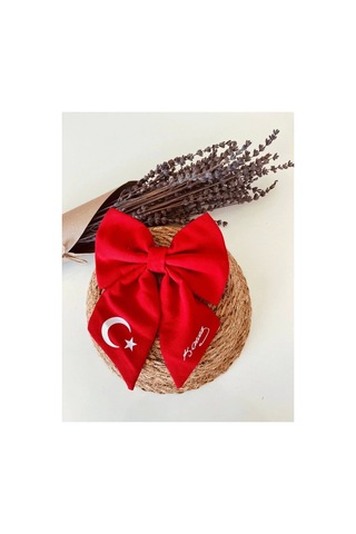 Türk Bayrağı Ve Atatürk İmza Motifli Fiyonk Toka - Kırmızı Kırmızı