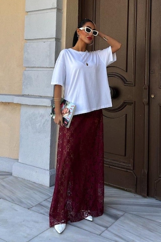 Crimson Grace Kadın Bordo Dantel Maxi Etek Şık Yazlık Tasarım Bordo