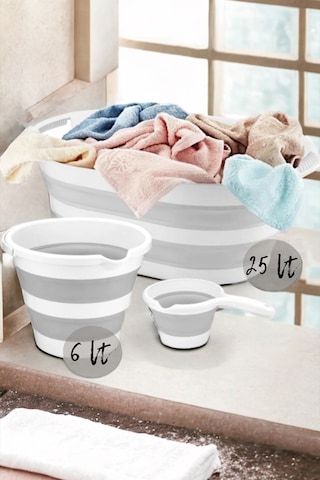 Vera Bath 3'lü Katlanır Multi Set Sepet-kova-maşrapa Beyaz - Gri