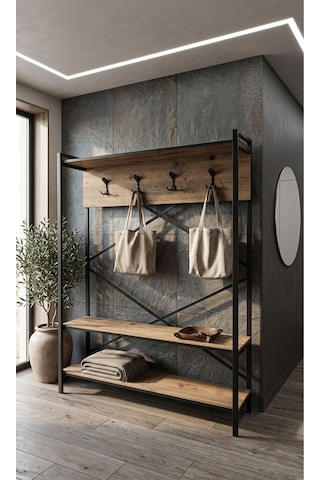 Loft Metal Ayakkabılıklı Portmanto Ve Askılık Konsept Hol Antre Mobilyası Siyah - Kahverengi
