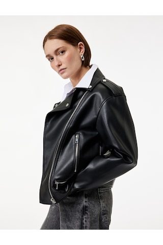 Koton Uzun Kollu Fermuarlı Oversize Biker Suni Deri Ceket Siyah 6sak20014ew