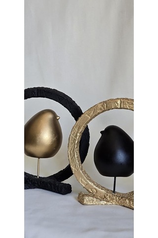 Kuş Biblo Modern Siyah Ve Gold Kombinli Halkalı Dekoratif Obje 2 Li Set Sanatsal Minimalist Masa Üstü Dekor Dayanık Diğer