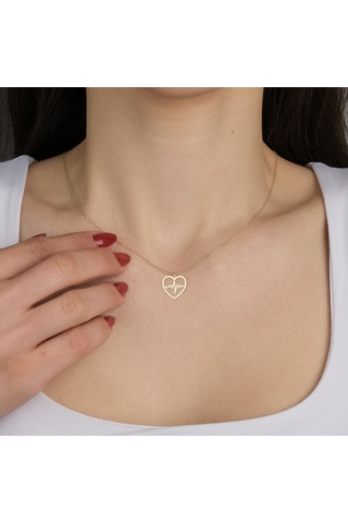 14 Ayar Altın Plakalı Kalp Atışı Motifli Doğum Günü Hediyesine Özel Altın Kolye-818 Kalp Atışı-1
