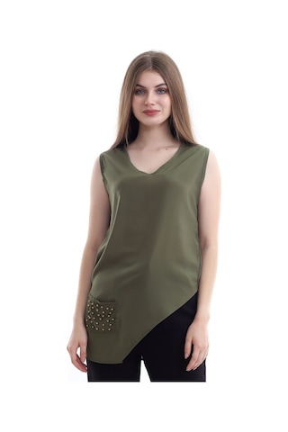 Self Clothing Kadın Yeşil V Yaka Cep Ve Yırtmaç Detaylı Bluz Slf1246-Yeşil