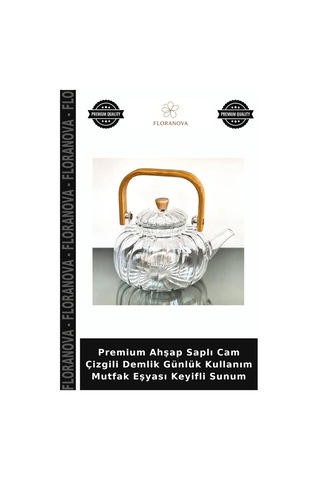 Premium Ahşap Saplı Cam Çizgili Demlik Günlük Kullanım Mutfak Eşyası Keyifli Sunum Çok Renkli