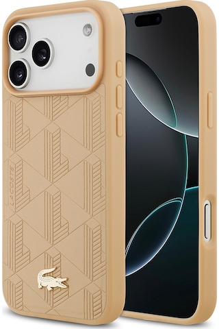 Apple Uyumlu iPhone 17 Pro Max Kılıf Lacoste Lisanslı M-safeli Pu Deri Karışık Monogram Desenli Kapak Bej Bej