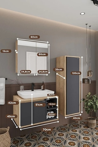 Lale 70 Cm Set %100 Mdf Lavabolu Banyo Dolabı + Aynalı Dolap + Boy Dolabı Antrasit