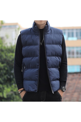 Erkek Pamuklu Dik Yaka Yelek Mavi