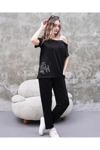 Defymoda Kadın Kayık Yaka Baskı Detay Salaş Bluz Ve Yüksek Bel Pantolon Ikili Takım Siyah