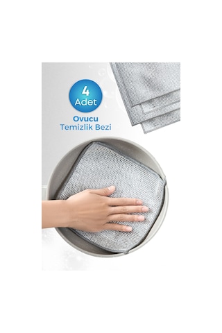 Grimorlife 4 Adet İnox Telli Ovucu 2 Katlı Temizlik Bezi- Çizmez Bulaşık Bezi Bulaşık Teli 20x20 Cm