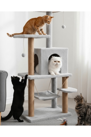 Reyo Pet Y01 Salıncaklı Yuvalı Lüx Kedi Tırmalama Oyun Evi Gri