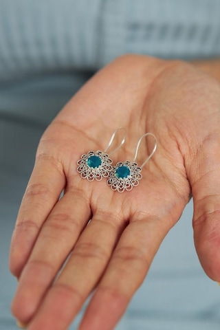 Mart Akuamarin Doğum Taşı Çiçek Motifli Telkari Gümüş Küpe