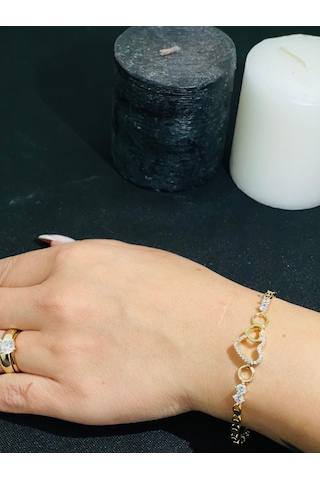 Mor Takı 14 Ayar Altın Kaplama Zirkon Taşlı Kalp Detay Bileklik Altın - Gold