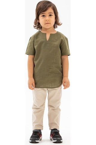 Eliş Şile Bezi Kısa Kol Şile Bezi Bisiklet Yaka Erkek Çocuk Tshirt Haki 3049