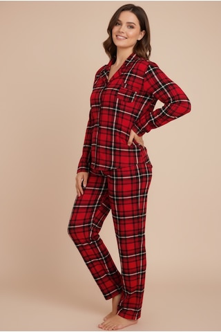 Bravie Luxury Viscose Kırmızı Ekose Desenli Kadın Uzun Kollu Büyük Beden Pijama Takımı 42513 Kırmızı