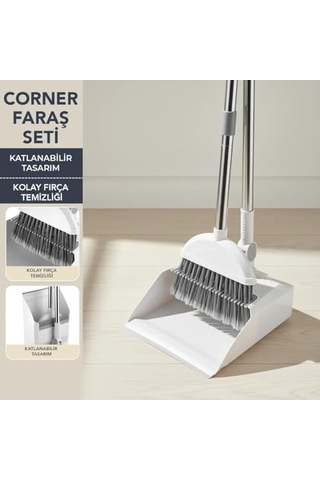 Deconox Corner Taraklı Ve Saplı Faraş Süpürge Seti - Katlanabilir Dik Faraş Takımı - Paslanmaz Çelik Saplı Ergonomik Temizlik Seti Beyaz - Antrasit