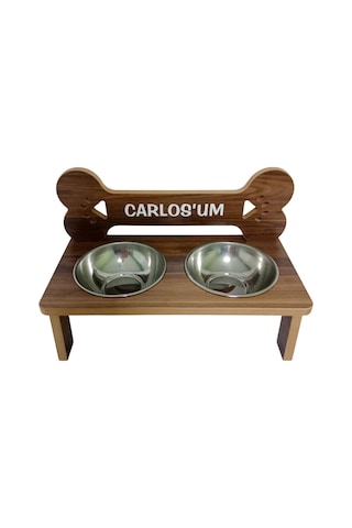 Realwood Ahşap Çelik Kaseli Özel İsim Baskılı Büyük Orta Irk Köpek Mama Su Kabı 1 L