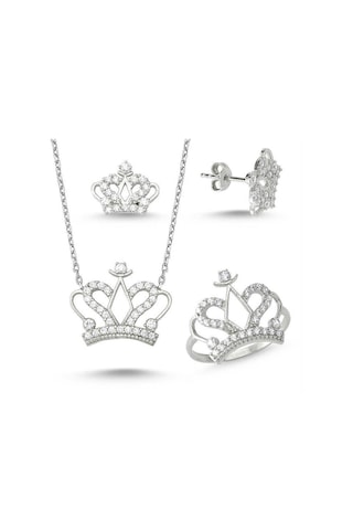 Kral Kraliçe Tacı Kadın Gümüş Kolye Küpe Ve Yüzük Seti Wss07