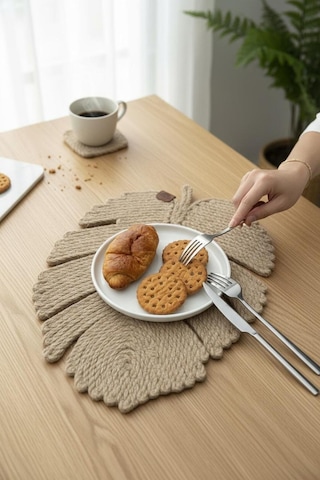 El Yapımı Jüt İp Yaprak Model Amerikan Servis- Supla Doğal, Leke Tutmaz Ve Rustik Sofra Aksesuarı Natural