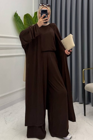 Balenbi Kadın Penye Uzun Hırka Bluz Geniş Paça Pantolon Abaya Takım 1217 Kahverengi
