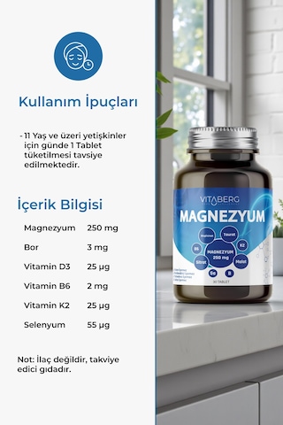 Vitaberg Magnezyum Bisglisinat, Taurat, Sitrat, Malat + K2, B6, Bor, Selenyum